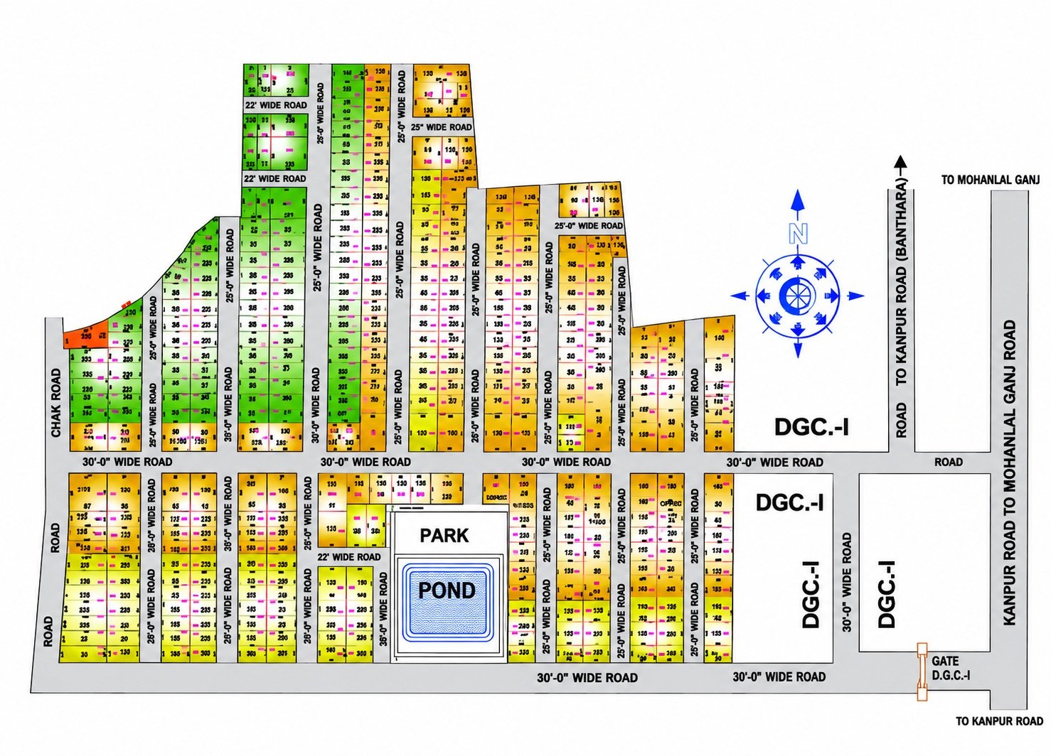 Residential plot layout plan showing internal 30 ft roads, park and plots
